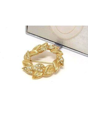 Dior Brooch Leaf Wreath Gold Metal Rhinestone Vintage